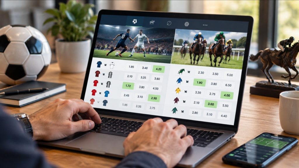 Écran d'ordinateur affichant les cotes de matchs de football et de courses hippiques